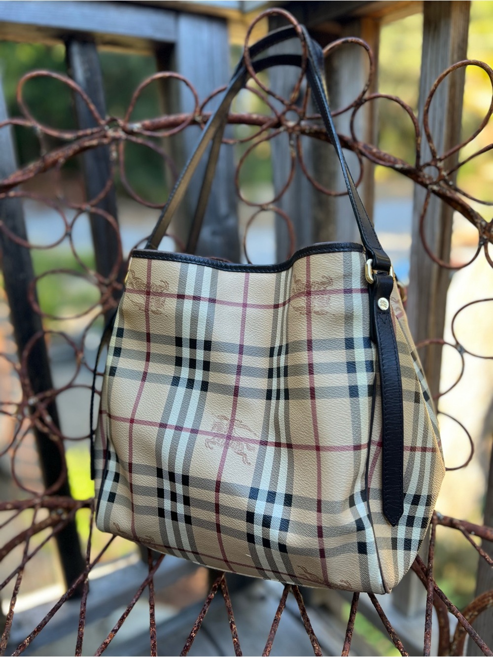 Classic Check Tote Bag in Beige with dark brown trim